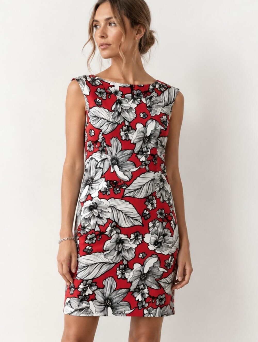 CB established 1962 red and white floral sheath dress